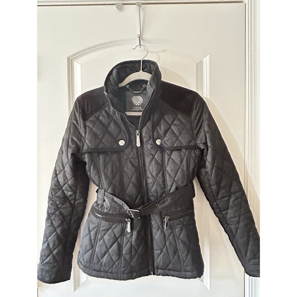 Vince Camuto Size Small Black Quilted Field Jacket Full Zip Elbow Patches - Picture 8 of 13